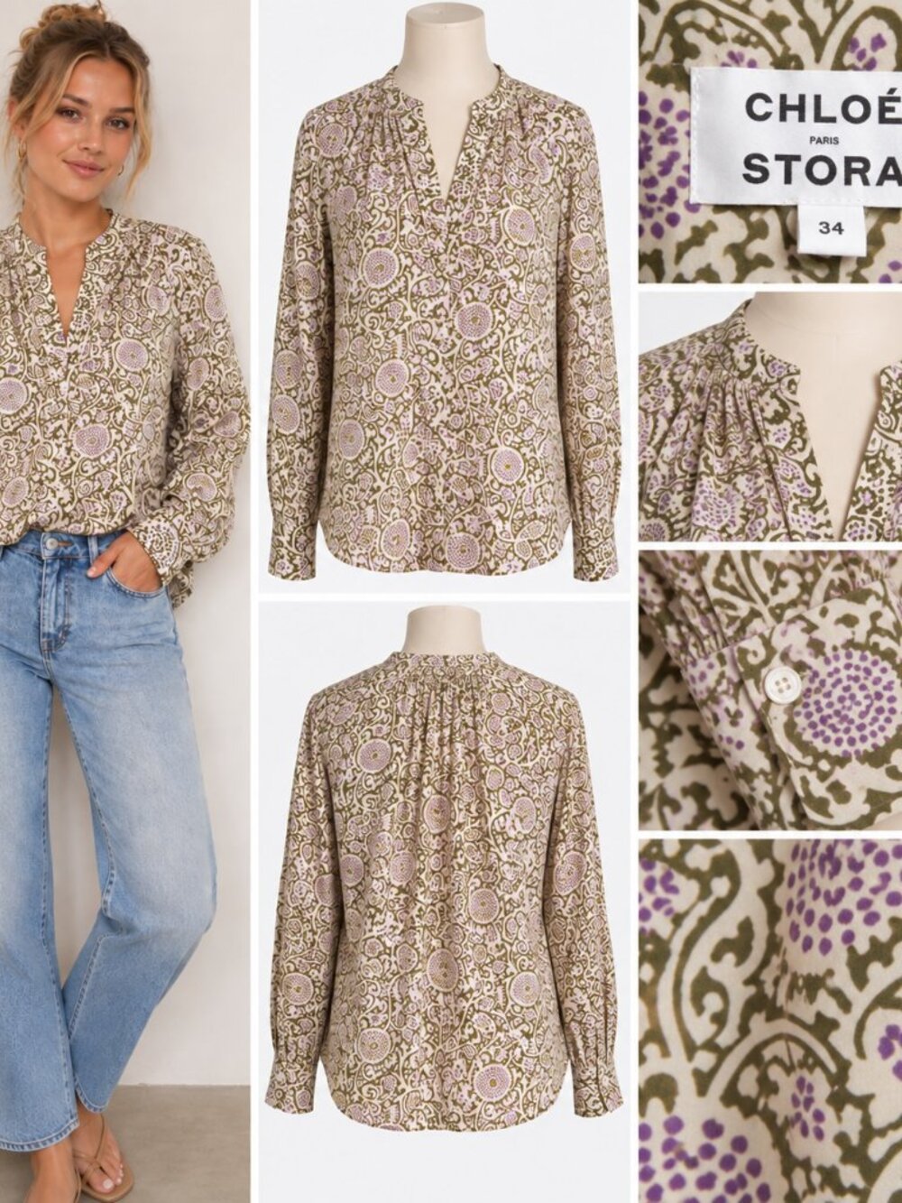 Chloé Stora Paris Floral Paisley Blouse Sz 34 (0-2) BohonSplit Neck Long Sleeve